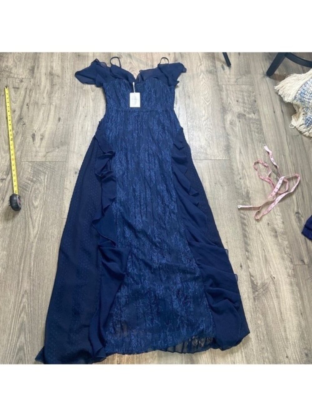 Anthropologie Foxiedox NWT Pintuck Lace Chiffon Maxi Dress Navy Blue Size Small - Picture 9 of 10